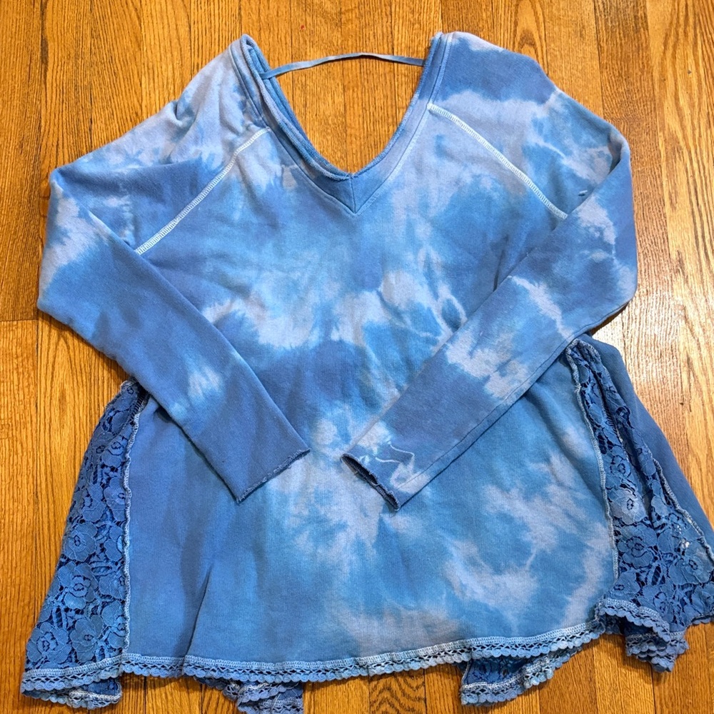 Free People Blue Tie-Dye Lace Long Sleeve Top